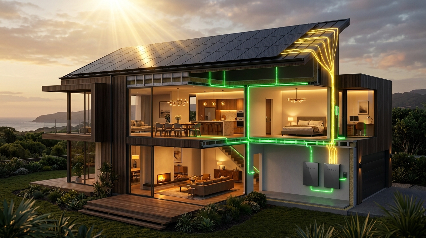Full Architectural Cutaway: Rooftop Solar Panels and Garage Battery Storage Powering Home Lighting and Climate Circuits